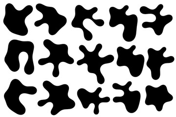 Big set of organic abstract random blob shapes. Fluid irregular forms elements. Liquid blotch silhouettes, water, wave, ink, abstract black element, bubble shapes, irregular oval, random shapes.