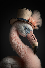 Flamingo dressed up in historical costume against dark background. Generative AI - 562460074
