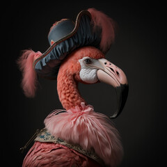 Flamingo dressed up in historical costume against dark background. Generative AI - 562460077