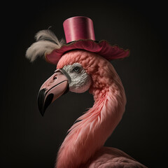Flamingo dressed up in historical costume against dark background. Generative AI