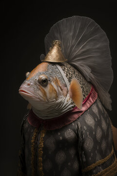Goldfish dressed up in historical costume against dark background. Generative AI