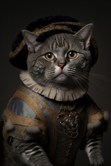 Grey cat dressed up in historical costume against dark background. Generative AI