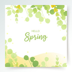 Spring square background with green leaves. Editable vector illustration for card, banner, invitation, social media post, poster, mobile apps, advertising