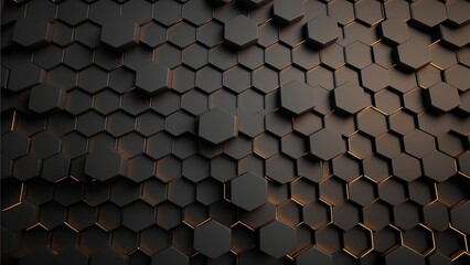 Black background of hexagons of different heights, top lighting. Technological backdrop. Generative Ai.