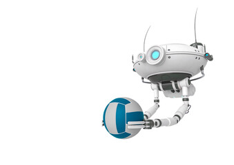 floating robot is holding volleyball ball in white background side view with copy space
