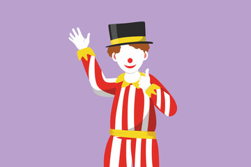 Graphic flat design drawing male clown hand say hi and the other hand with thumbs up gesture. Wearing hat and smiling face makeup. Entertain kids at birthday party. Cartoon style vector illustration