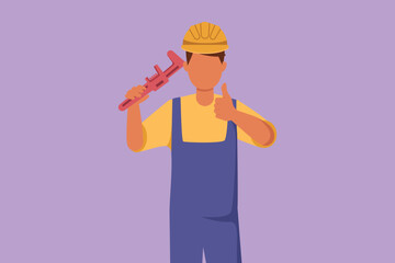 Graphic flat design drawing plumber holding monkey wrench and wear helmet with thumbs up gesture, ready to work on repairing leaking drain in sink and houses drains. Cartoon style vector illustration