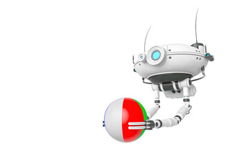Naklejka na ściany i meble floating robot is holding a beach ball in white background side view with copy space