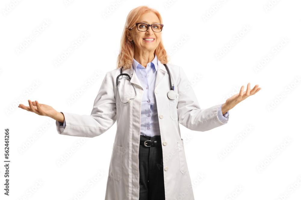 Sticker Female doctor smiling and gesturing with hands