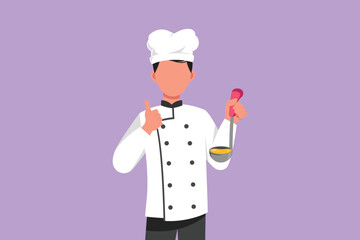 Cartoon flat style drawing of male chef holding ladle with thumbs up gesture and tasting delicious soup. Wearing uniform ready to cook food for guests in restaurant. Graphic design vector illustration