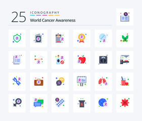 World Cancer Awareness 25 Flat Color icon pack including tablet. disease. health. cause. cancer