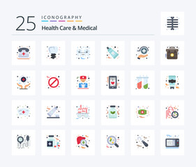 Health Care And Medical 25 Flat Color icon pack including health. toothpaste. filling. tooth. dental