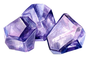Amethyst crystals watercolor illustration isolated elements 600 dpi PNG,  clip art, clipart, painting, purple mineral gemstone crystal bohemian art, healing crystal