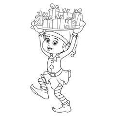 Colorless cartoon Elf. Black and white template page for coloring book with gnome in costume holding boxes with presents for birthday or celebration. Practice worksheet or Anti-stress page for kids.