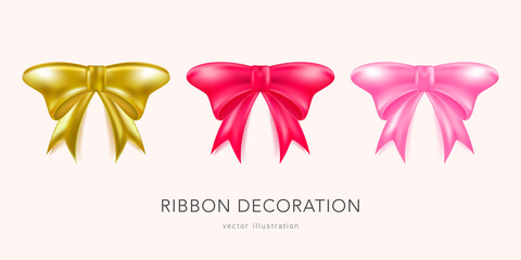 Decorative pink bow, golden bow, red bow isolated on white background. Vector illustration