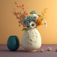 a vase with beautiful flowers on the right side with space in the image on top of a table, Generative Ai