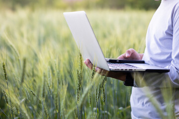 Selective focus close-up portrait of Asian man Smart farmer hand using modern digital technology by laptop computer in barley field for agriculture industry development.