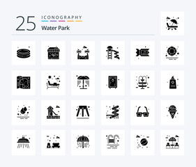 Water Park 25 Solid Glyph icon pack including lifesaver. water. park. ticket. water