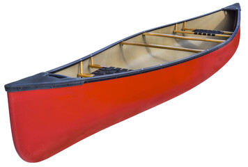 red tandem canoe with wooden seats and yoke on a transparent background