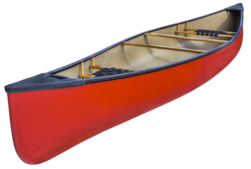 red tandem canoe with wooden seats and yoke on a transparent background