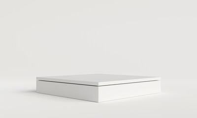 Fototapeta premium White podium cube product showcase table on background. mock up product showcase. Abstract minimal geometry. Studio podium platform. Exhibition and business presentation stage. 3D render illustration