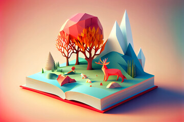 Low poly magic book with hill and forest