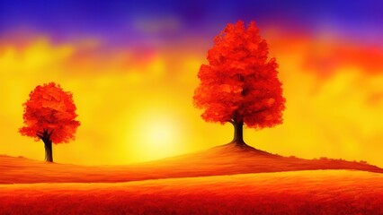 Fototapeta na wymiar Beautiful landscape with colored trees and sun.