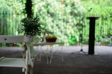 Wedding decoration. White stools for bride and groom.