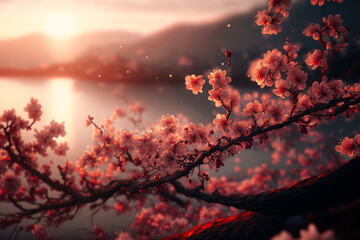 The soft pink petals of cherry blossoms contrast against the warm sunrise. Generative AI