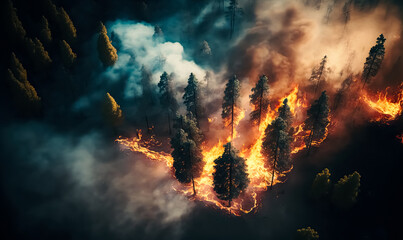 Intense flames from a massive forest fire. Flames light up the night as they rage thru pine forests and sage brush.	