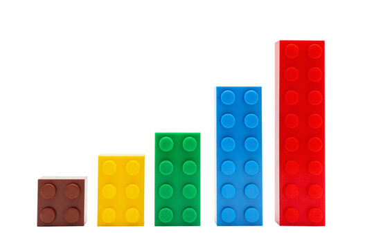 Multi-colored plastic building blocks. Toys and games.