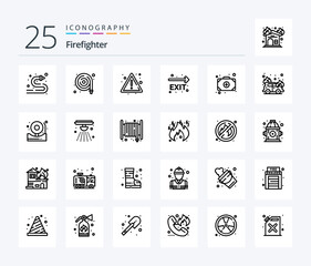 Firefighter 25 Line icon pack including firefighter. car. exit. doctor. bag