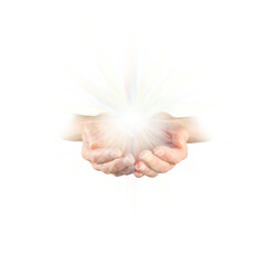 Female Reiki healer with cupped hands and bright energy orb transparent png file