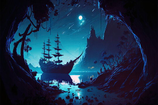 fantasy ship in the harbor at night AI