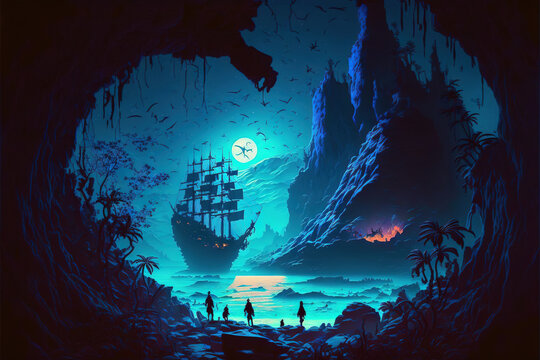 fantasy ship in the harbor at night AI