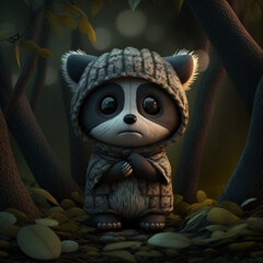 adorable raccoon ninja, in a night forest, Generative Ai