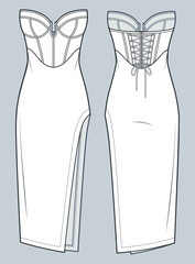 Women Bustier Dress technical fashion illustration. Corset strapless midi Dress fashion flat technical drawing template, side slit, lace-up, front and back view, white, CAD mockup.