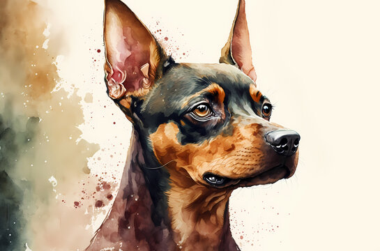 fantasy watercolor painting portrait dobermann or dog with a colorful, generative ai