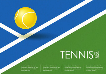 Tennis championship or tournament poster with ball on blue court. Horizontal template for sport competition, tennis championship. Ball on Line. Sports equipment. Modern illustration for card, cover