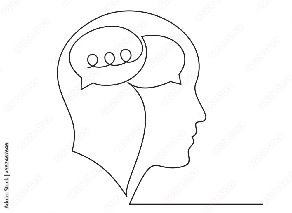 Poster continuous line drawing of head of a man with speech bubble is drawn by a single black line on a whi