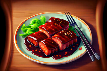 Fresh Chinese Char Siu Food in the plate on the table
