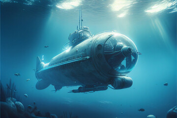 Naklejka premium Scientific bathyscaphe underwater. AI generated