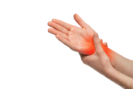 Young man holding his painful wrist, suffering from pain in wrist.