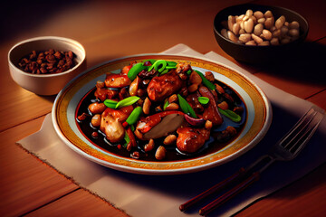 Chinese Kung Pao Chicken Food in the plate on the table