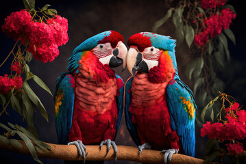 Cherry Blossoms and Unity - The Story of Two Red-Blue Parrots Sharing a Tender Kiss on Valentine's Day.