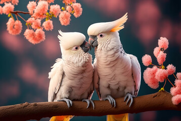 Cherry Blossoms and Valentine's Day Love - The Story of Two White Parrots Sharing a Tender Kiss.