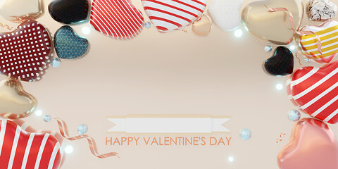 Obraz premium Valentine's day background in soft colors with label hearts and gifts in sweet colors 3D illustration