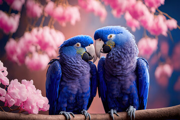 Valentine's Day Magic - The Story of Two Blue Parrots Sharing a Tender Kiss Amidst Cherry Blossoms. - obrazy, fototapety, plakaty
