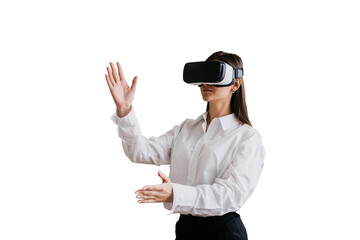 Young lady using vr googles at the kitchen dressed in white shirt and black pants, moving hands in the air. Brunette girl relaxing against transparent background plays vr glasses. Rest, home leisure