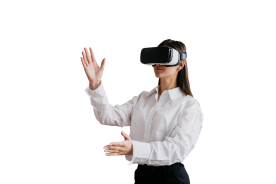Young lady using vr googles at the kitchen dressed in white shirt and black pants, moving hands in the air. Brunette girl relaxing against transparent background plays vr glasses. Rest, home leisure